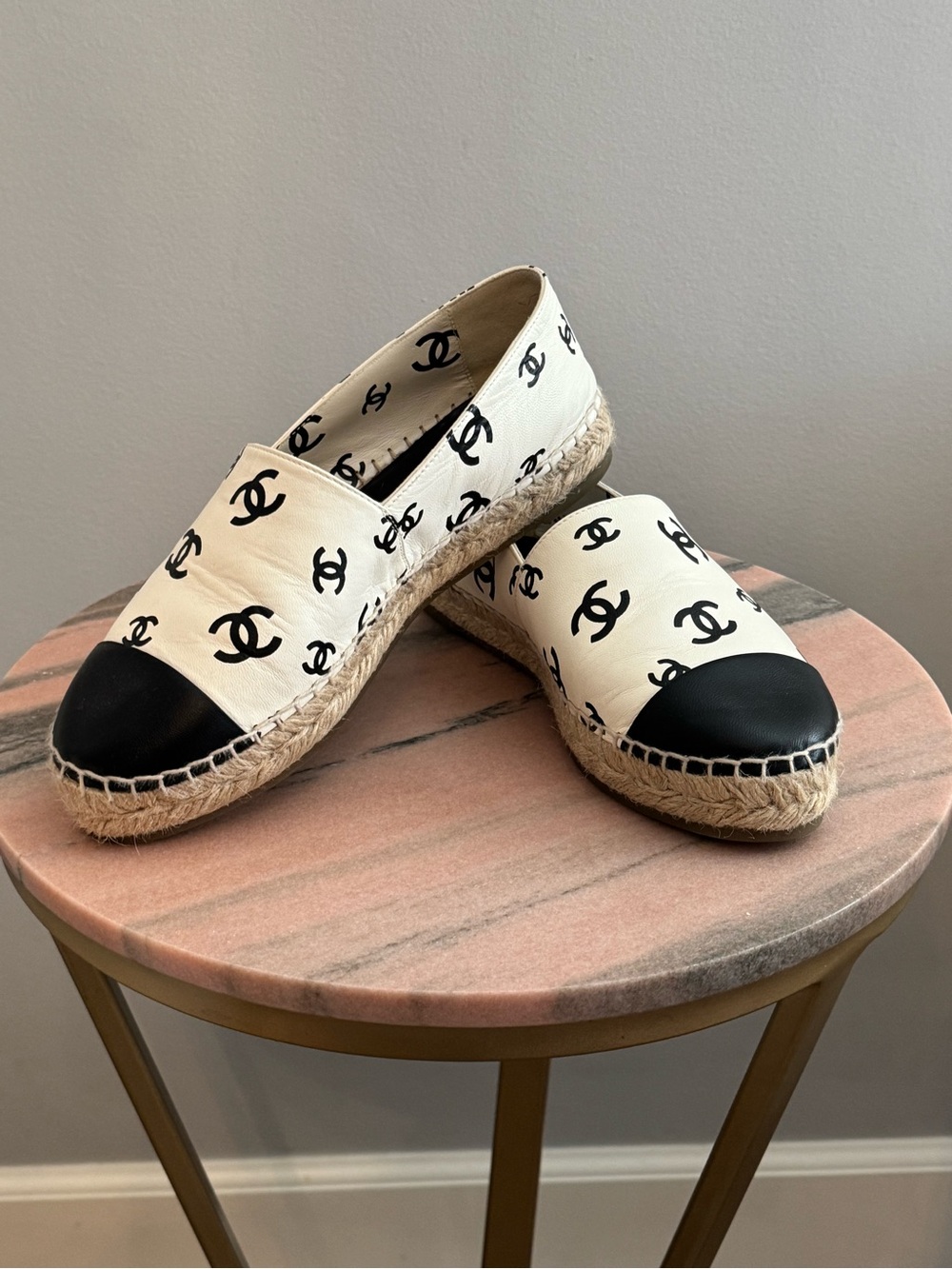 CHANEL Cream Espadrilles with Black Toe Caps and Logo Print